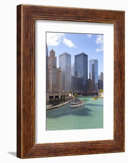 Tourist Boat on Chicago River with Glass Towers Behind on West Wacker Drive, Chicago, Illinois, USA-Amanda Hall-Framed Photographic Print