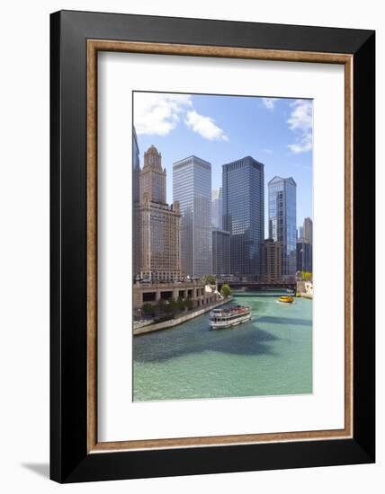 Tourist Boat on Chicago River with Glass Towers Behind on West Wacker Drive, Chicago, Illinois, USA-Amanda Hall-Framed Photographic Print