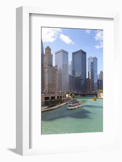 Tourist Boat on Chicago River with Glass Towers Behind on West Wacker Drive, Chicago, Illinois, USA-Amanda Hall-Framed Photographic Print