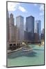 Tourist Boat on Chicago River with Glass Towers Behind on West Wacker Drive, Chicago, Illinois, USA-Amanda Hall-Mounted Photographic Print