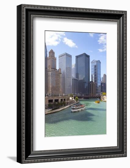 Tourist Boat on Chicago River with Glass Towers Behind on West Wacker Drive, Chicago, Illinois, USA-Amanda Hall-Framed Photographic Print