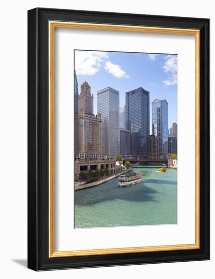 Tourist Boat on Chicago River with Glass Towers Behind on West Wacker Drive, Chicago, Illinois, USA-Amanda Hall-Framed Photographic Print