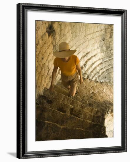 Tourist climbing stone steps of 15th century fort, Ston, Dalmatia, Croatia-Merrill Images-Framed Photographic Print