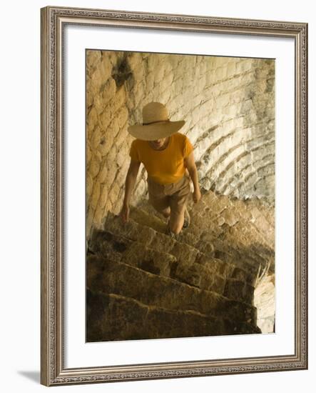 Tourist climbing stone steps of 15th century fort, Ston, Dalmatia, Croatia-Merrill Images-Framed Photographic Print