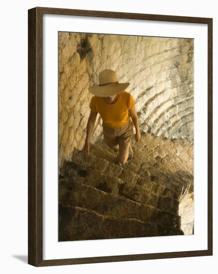 Tourist climbing stone steps of 15th century fort, Ston, Dalmatia, Croatia-Merrill Images-Framed Photographic Print