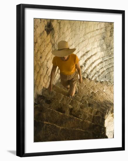 Tourist climbing stone steps of 15th century fort, Ston, Dalmatia, Croatia-Merrill Images-Framed Photographic Print