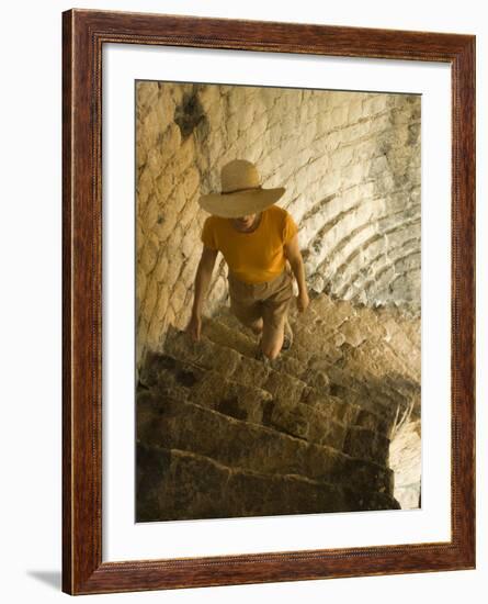 Tourist climbing stone steps of 15th century fort, Ston, Dalmatia, Croatia-Merrill Images-Framed Photographic Print