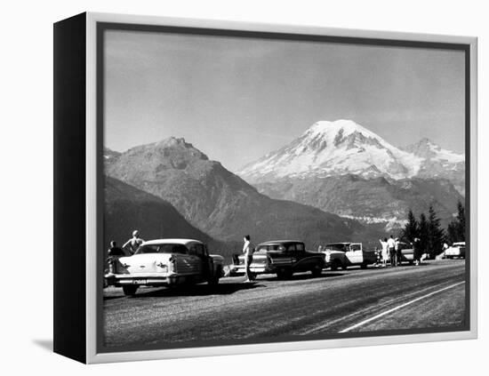 Tourist Looking at Mt Rainier in Southwest Washington-J^ R^ Eyerman-Framed Premier Image Canvas