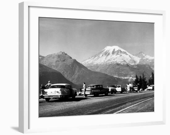 Tourist Looking at Mt Rainier in Southwest Washington-J^ R^ Eyerman-Framed Photographic Print