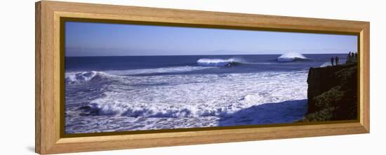 Tourist Looking at Waves in the Sea, Santa Cruz, Santa Cruz County, California, USA-null-Framed Premier Image Canvas