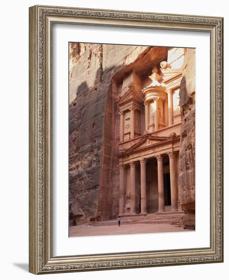 Tourist Looking Up at the Facade of the Treasury (Al Khazneh) Carved into the Red Rock at Petra, UN-Martin Child-Framed Photographic Print