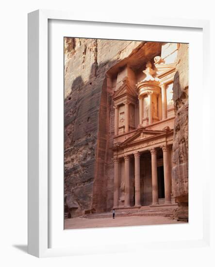 Tourist Looking Up at the Facade of the Treasury (Al Khazneh) Carved into the Red Rock at Petra, UN-Martin Child-Framed Photographic Print