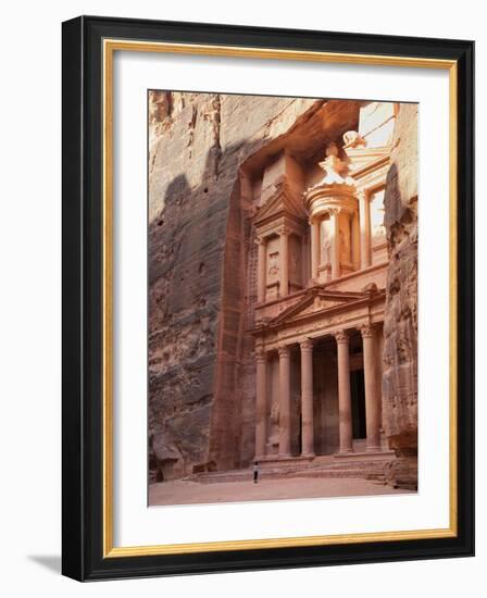 Tourist Looking Up at the Facade of the Treasury (Al Khazneh) Carved into the Red Rock at Petra, UN-Martin Child-Framed Photographic Print