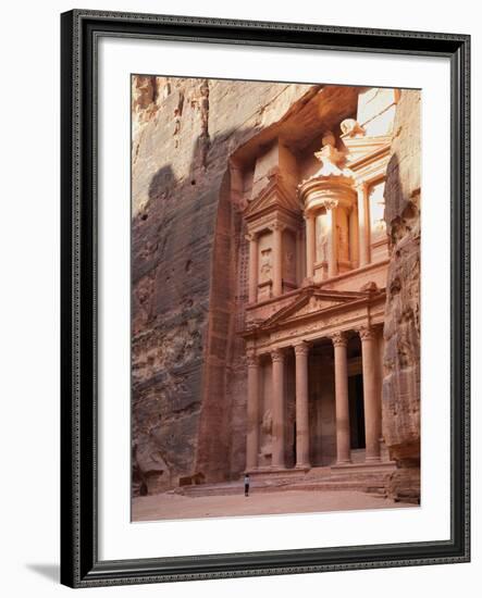 Tourist Looking Up at the Facade of the Treasury (Al Khazneh) Carved into the Red Rock at Petra, UN-Martin Child-Framed Photographic Print