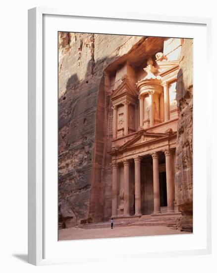 Tourist Looking Up at the Facade of the Treasury (Al Khazneh) Carved into the Red Rock at Petra, UN-Martin Child-Framed Photographic Print