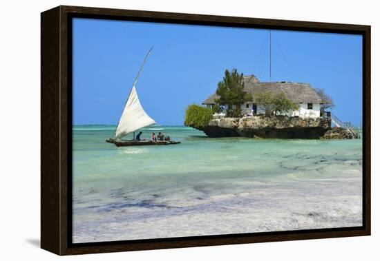 Tourist on a Traditional Dhow Boat, the Rock Restaurant, Bwejuu Beach, Zanzibar, Tanzania-Peter Richardson-Framed Premier Image Canvas