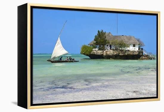 Tourist on a Traditional Dhow Boat, the Rock Restaurant, Bwejuu Beach, Zanzibar, Tanzania-Peter Richardson-Framed Premier Image Canvas