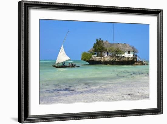 Tourist on a Traditional Dhow Boat, the Rock Restaurant, Bwejuu Beach, Zanzibar, Tanzania-Peter Richardson-Framed Photographic Print