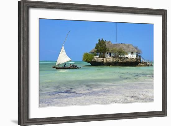 Tourist on a Traditional Dhow Boat, the Rock Restaurant, Bwejuu Beach, Zanzibar, Tanzania-Peter Richardson-Framed Photographic Print