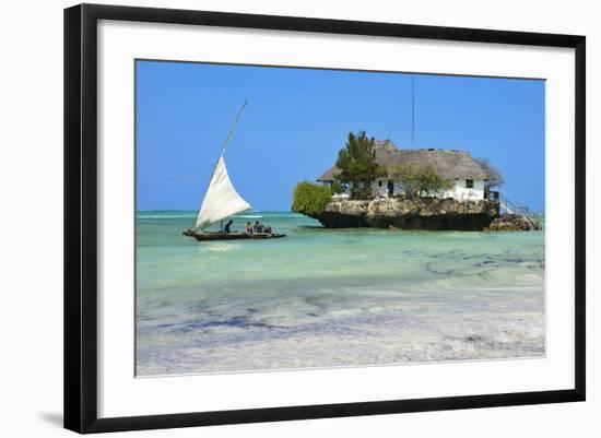 Tourist on a Traditional Dhow Boat, the Rock Restaurant, Bwejuu Beach, Zanzibar, Tanzania-Peter Richardson-Framed Photographic Print