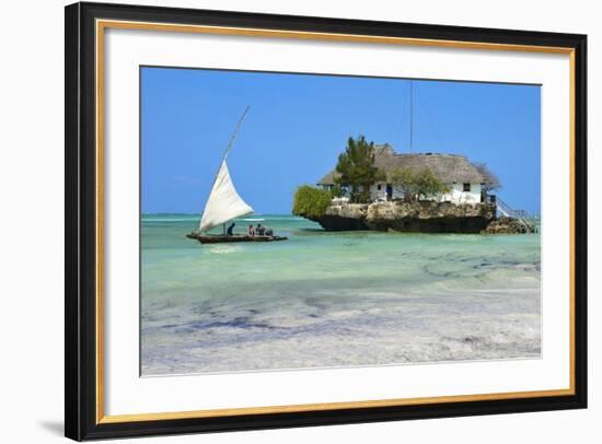 Tourist on a Traditional Dhow Boat, the Rock Restaurant, Bwejuu Beach, Zanzibar, Tanzania-Peter Richardson-Framed Photographic Print