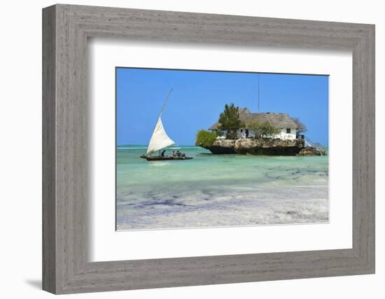 Tourist on a Traditional Dhow Boat, the Rock Restaurant, Bwejuu Beach, Zanzibar, Tanzania-Peter Richardson-Framed Photographic Print