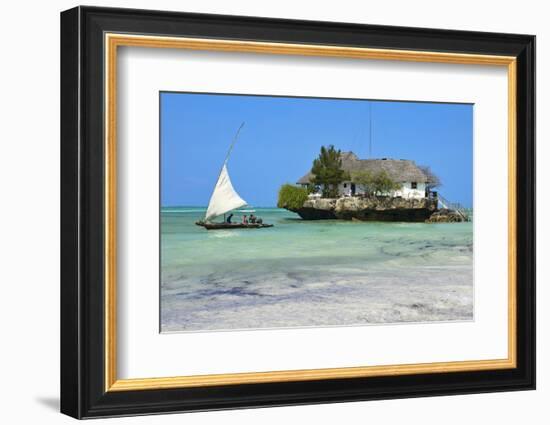 Tourist on a Traditional Dhow Boat, the Rock Restaurant, Bwejuu Beach, Zanzibar, Tanzania-Peter Richardson-Framed Photographic Print