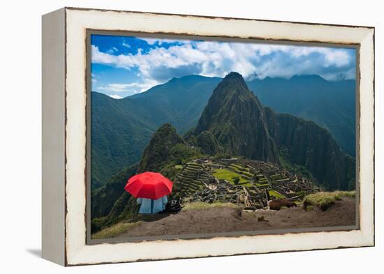 Tourist under the Shade of A Red Umbrella Looking at Machu Picchu-Mark Skalny-Framed Premier Image Canvas