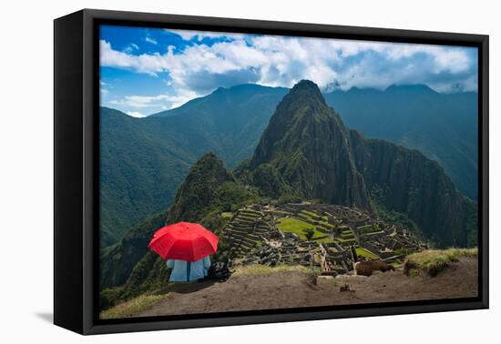 Tourist under the Shade of A Red Umbrella Looking at Machu Picchu-Mark Skalny-Framed Premier Image Canvas