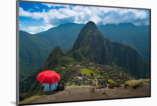 Tourist under the Shade of A Red Umbrella Looking at Machu Picchu-Mark Skalny-Mounted Photographic Print