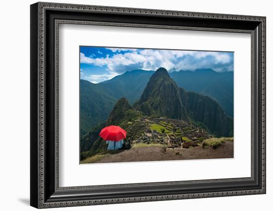 Tourist under the Shade of A Red Umbrella Looking at Machu Picchu-Mark Skalny-Framed Photographic Print