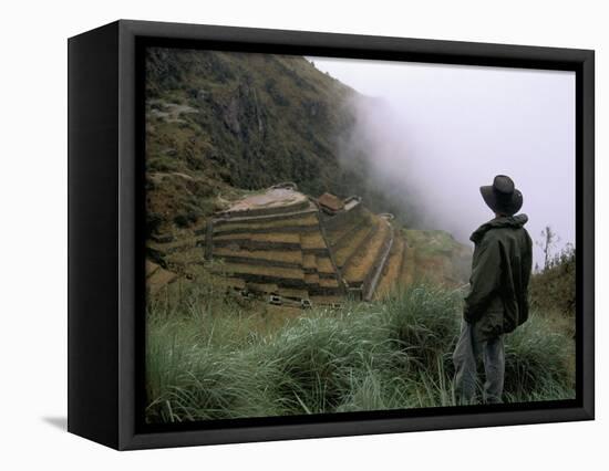 Tourist Watches Clouds Swirl Around Mountains, Inca Trail, Peru, South America-Jane Sweeney-Framed Premier Image Canvas