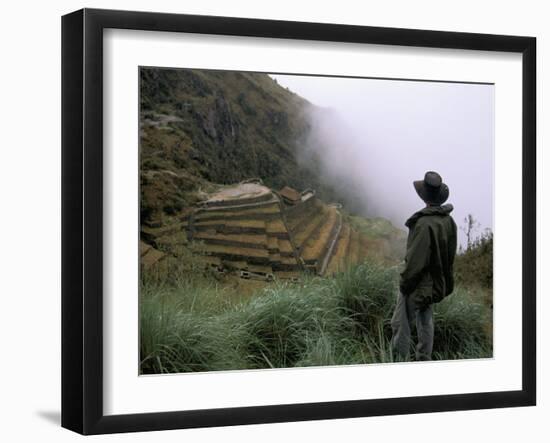 Tourist Watches Clouds Swirl Around Mountains, Inca Trail, Peru, South America-Jane Sweeney-Framed Photographic Print