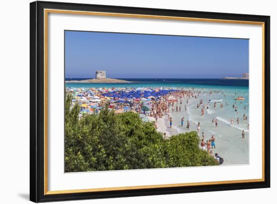 Tourists and beach umbrellas at La Pelosa Beach, Stintino, Asinara Nat'l Park, Sardinia, Italy-Roberto Moiola-Framed Photographic Print