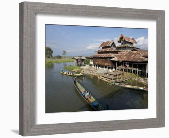 Tourists Arrive by Boat at Monastery on Inle Lake, Shan State, Myanmar (Burma)-Julio Etchart-Framed Photographic Print