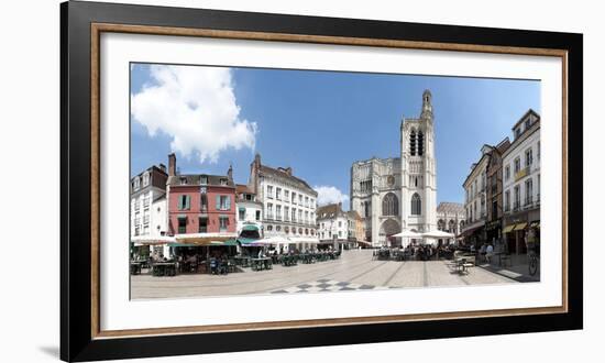 Tourists at sidewalk cafe outside cathedral, Sens Cathedral, Sens, Yonne, Burgundy, France-null-Framed Photographic Print