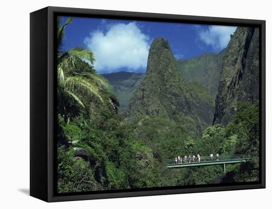 Tourists Crossing Bridge under the Maui Iao Needle, Hawaii, United States of America, North America-Tovy Adina-Framed Premier Image Canvas