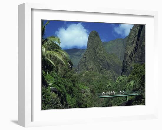 Tourists Crossing Bridge under the Maui Iao Needle, Hawaii, United States of America, North America-Tovy Adina-Framed Photographic Print