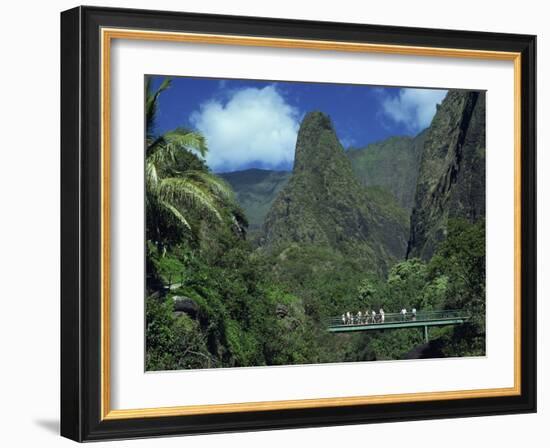 Tourists Crossing Bridge under the Maui Iao Needle, Hawaii, United States of America, North America-Tovy Adina-Framed Photographic Print