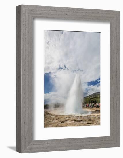 Tourists Gather to Watch Strokker Geyser (Geysir), an Erupting Spring at Haukadalur, Iceland-Michael Nolan-Framed Photographic Print