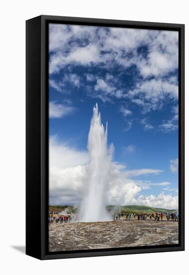 Tourists Gather to Watch Strokker Geyser (Geysir), an Erupting Spring at Haukadalur, Iceland-Michael Nolan-Framed Premier Image Canvas