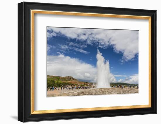 Tourists Gather to Watch Strokker Geyser (Geysir), an Erupting Spring at Haukadalur, Iceland-Michael Nolan-Framed Photographic Print