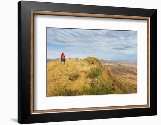 Tourists hiking along the border between Georgia and Azerbaijan near David Gareji Monastery, Udabno-Jan Miracky-Framed Photographic Print