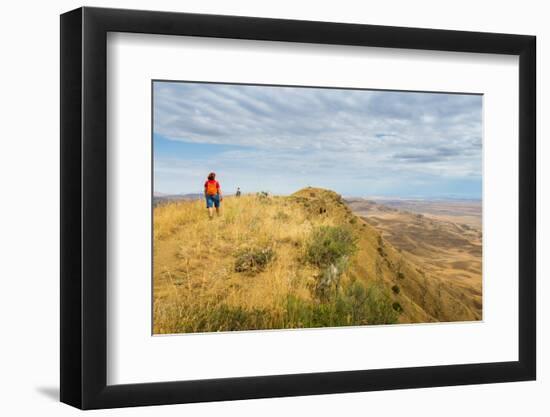 Tourists hiking along the border between Georgia and Azerbaijan near David Gareji Monastery, Udabno-Jan Miracky-Framed Photographic Print