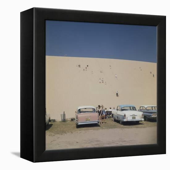 Tourists in Bathing Suits by Parked Cars and Climbing the Sleeping Bear Sand Dunes, Michigan, 1961-Frank Scherschel-Framed Premier Image Canvas