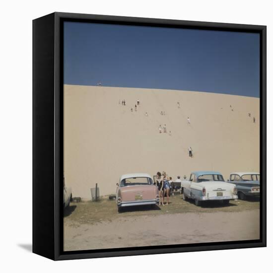 Tourists in Bathing Suits by Parked Cars and Climbing the Sleeping Bear Sand Dunes, Michigan, 1961-Frank Scherschel-Framed Premier Image Canvas