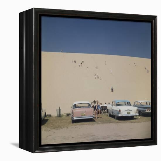 Tourists in Bathing Suits by Parked Cars and Climbing the Sleeping Bear Sand Dunes, Michigan, 1961-Frank Scherschel-Framed Premier Image Canvas