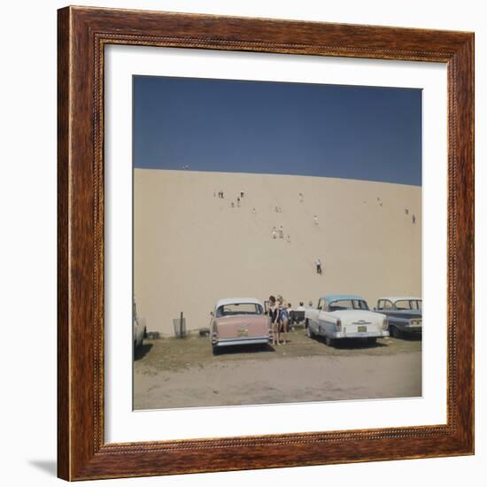 Tourists in Bathing Suits by Parked Cars and Climbing the Sleeping Bear Sand Dunes, Michigan, 1961-Frank Scherschel-Framed Photographic Print