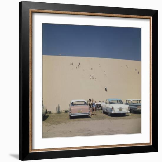 Tourists in Bathing Suits by Parked Cars and Climbing the Sleeping Bear Sand Dunes, Michigan, 1961-Frank Scherschel-Framed Photographic Print