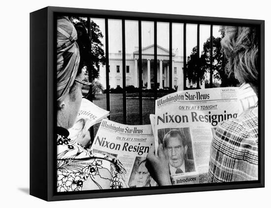 Tourists in Front of the White House Read Headlines, 'Nixon Resigning,' Aug 8, 1974-null-Framed Stretched Canvas